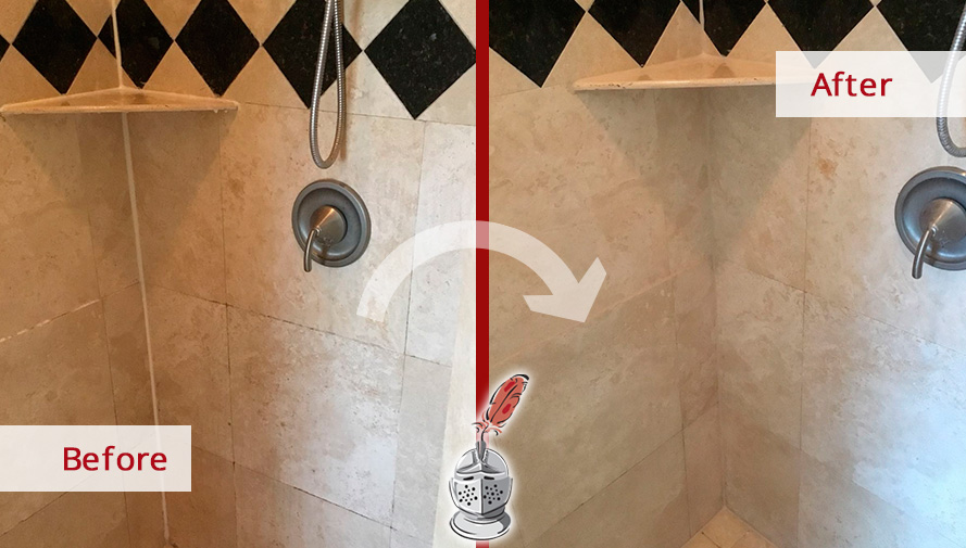 Before and after Picture of This Shower after a Stone Cleaning Job in Houston, TX